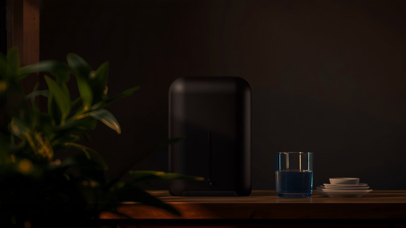Générateur d'eau atmosphérique dans une cuisine chaleureuse, ambiance nocturne