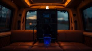 Générateur d'eau atmosphérique dans un van au coucher du soleil, ambiance chaleureuse
