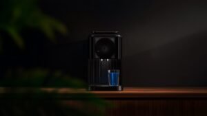 Générateur d'eau atmosphérique noir sur plan de travail bois, ambiance sombre