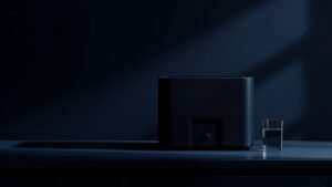 Générateur d'eau atmosphérique en ambiance laboratoire sombre, style contrôle qualité